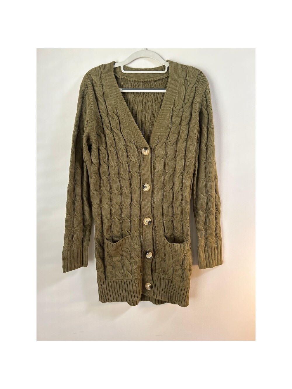 Womens S Olive Green Cable Knit Cardigan Sweater Button Front Longline Pockets